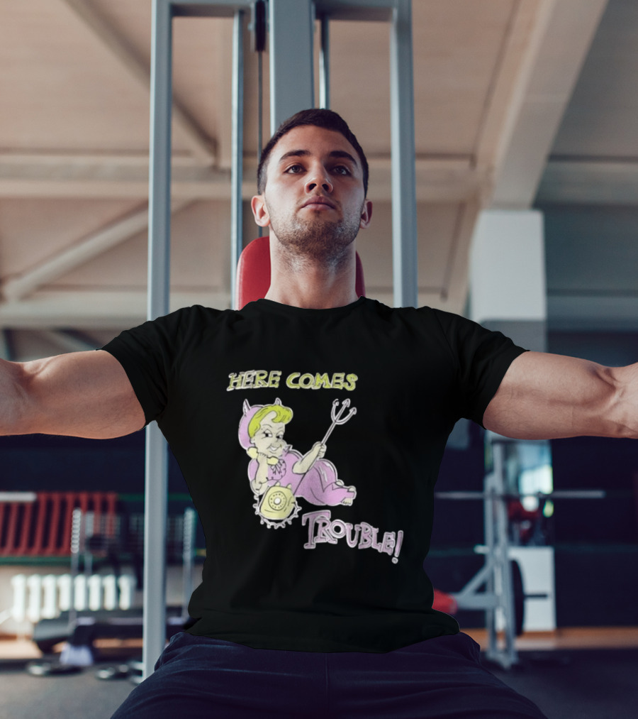 Here Comes Trouble Devil Baby With Pitchfork And Telephone T-Shirt