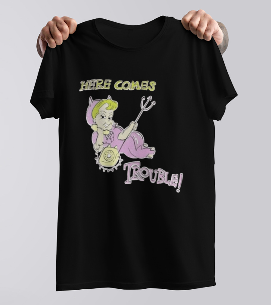 Here Comes Trouble Devil Baby With Pitchfork And Telephone T-Shirt