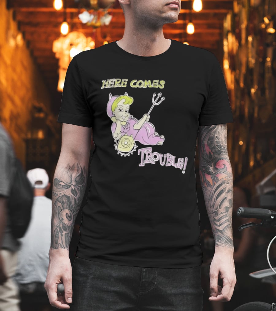 Here Comes Trouble Devil Baby With Pitchfork And Telephone T-Shirt