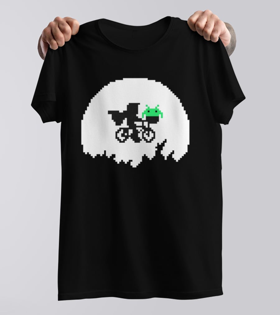 Elliott And Extra Terrestrial On Bicycle With Space Invader Pixel T-Shirt