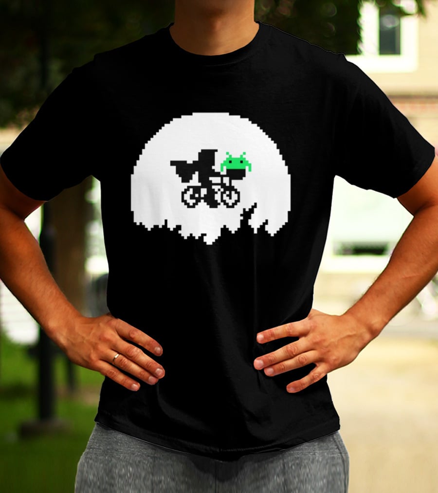 Elliott And Extra Terrestrial On Bicycle With Space Invader Pixel T-Shirt
