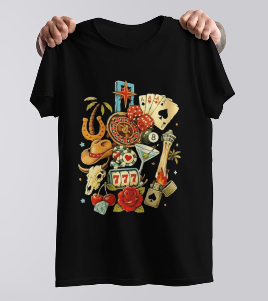 Las Vegas Casino Lucky Seven Poker Ace Of Spades Roulette Dice Palm Tree Horseshoe Rose Martini Skyscraper T-Shirt