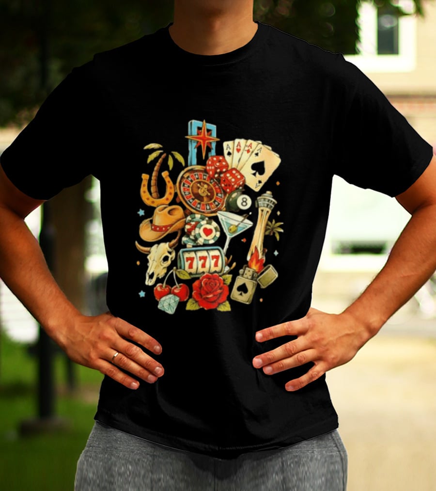 Las Vegas Casino Lucky Seven Poker Ace Of Spades Roulette Dice Palm Tree Horseshoe Rose Martini Skyscraper T-Shirt
