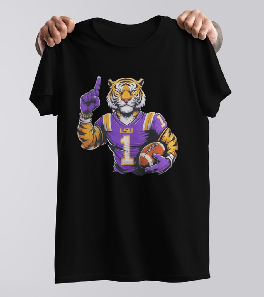 LSU Tiger Football Pointing Number 1 Holding Ball T-Shirt