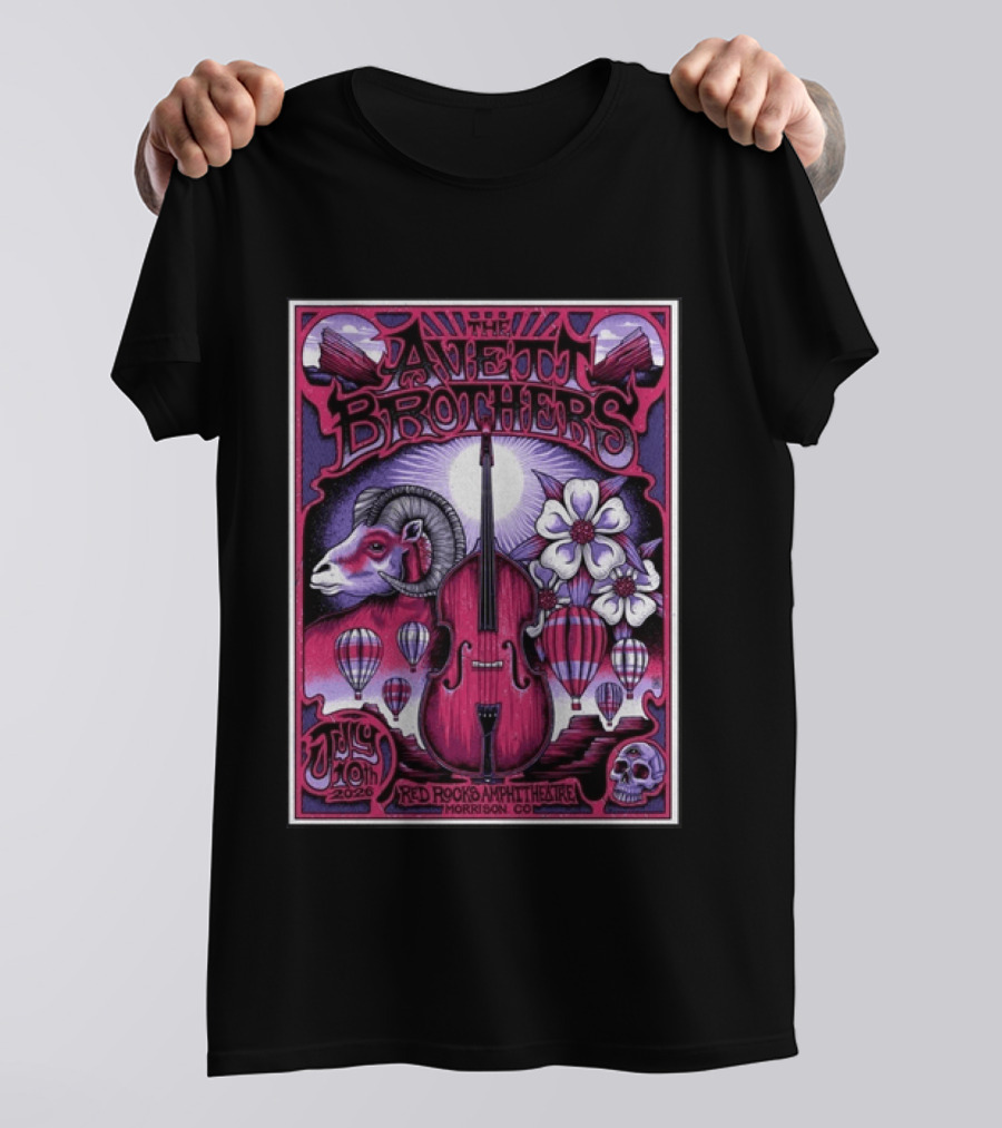 The Avett Brothers Red Rocks Amphitheatre Jul 10 2026 Morrison CO Hot Air Balloons Ram Violin Skull Art Flowers T-Shirt