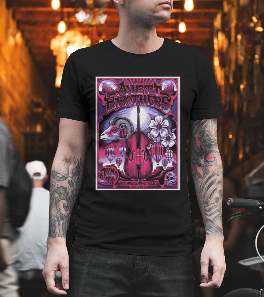 The Avett Brothers Red Rocks Amphitheatre Jul 10 2026 Morrison CO Hot Air Balloons Ram Violin Skull Art Flowers T-Shirt