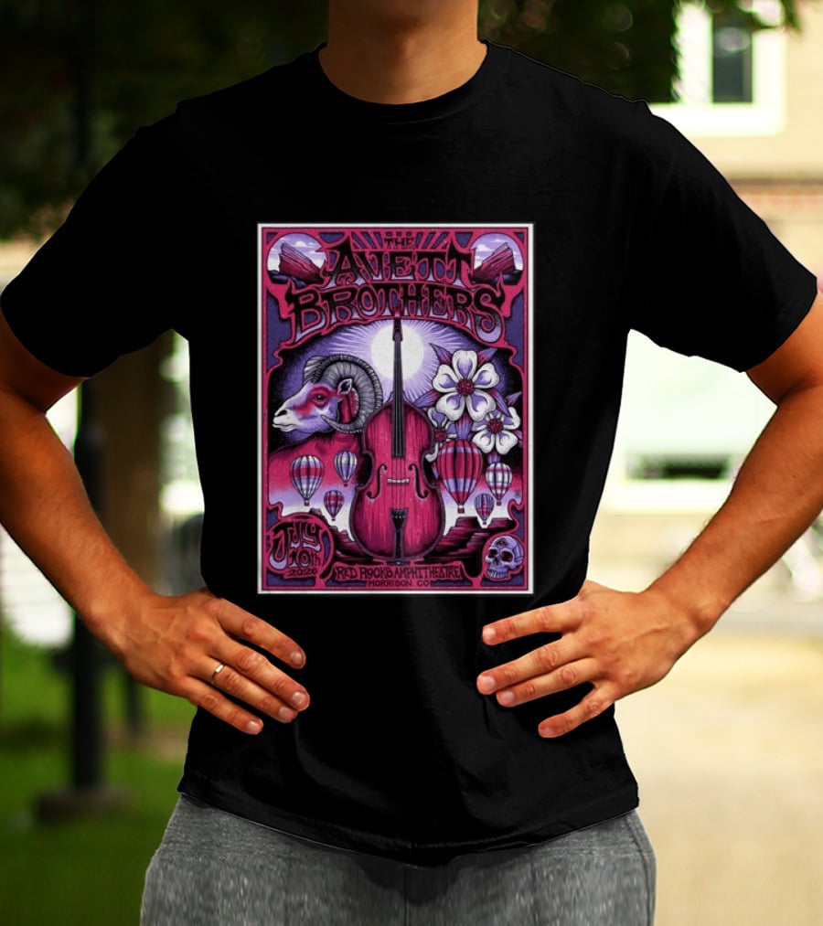 The Avett Brothers Red Rocks Amphitheatre Jul 10 2026 Morrison CO Hot Air Balloons Ram Violin Skull Art Flowers T-Shirt