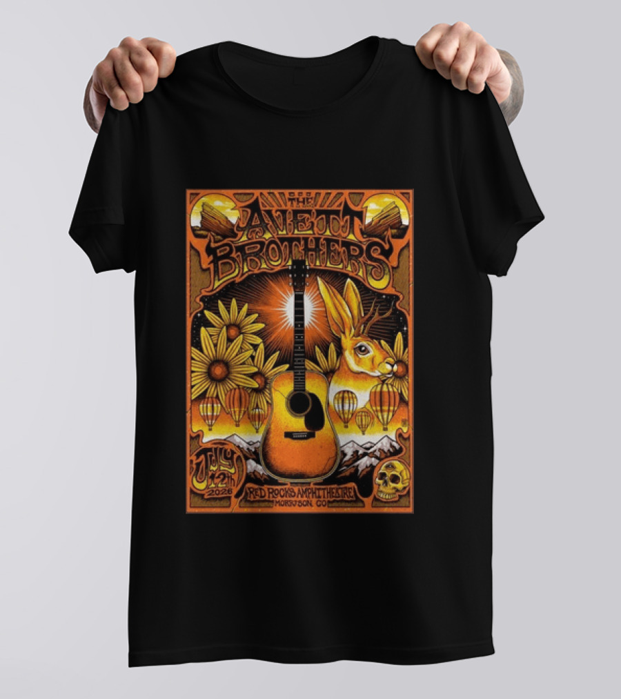 The Avett Brothers Red Rocks Amphitheatre July 12 2026 Morrison CO Guitar Sunflowers Rabbit T-Shirt