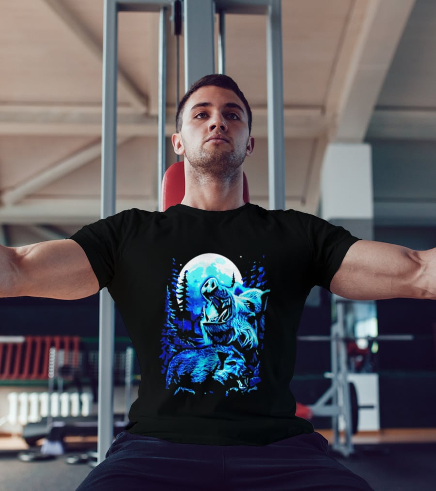 Wild Boar Howling At The Moon Under Mystical Forest Night Sky T-Shirt