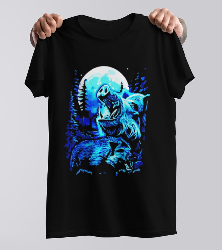 Wild Boar Howling At The Moon Under Mystical Forest Night Sky T-Shirt