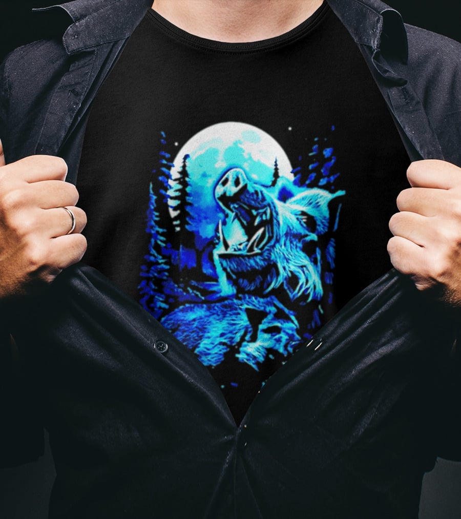 Wild Boar Howling At The Moon Under Mystical Forest Night Sky T-Shirt