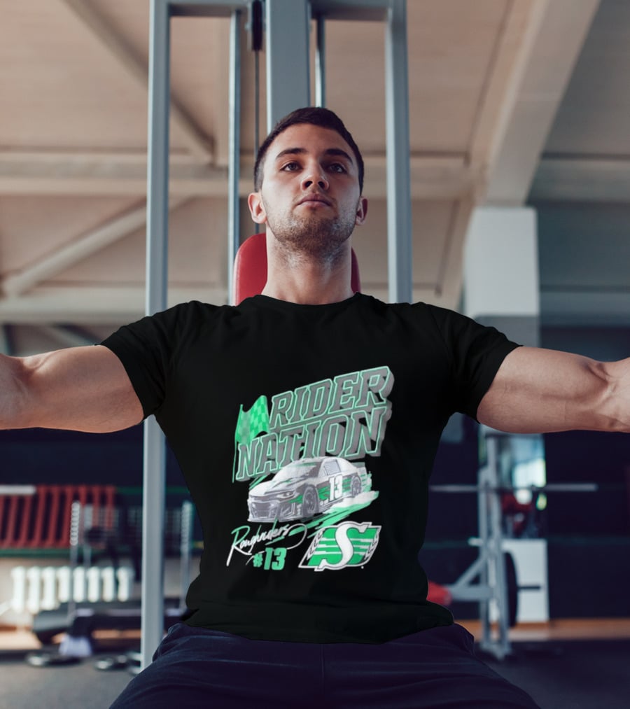 Saskatchewan Roughriders Rider Nation Race Car Number 13 With Team Logo And Flag T-Shirt