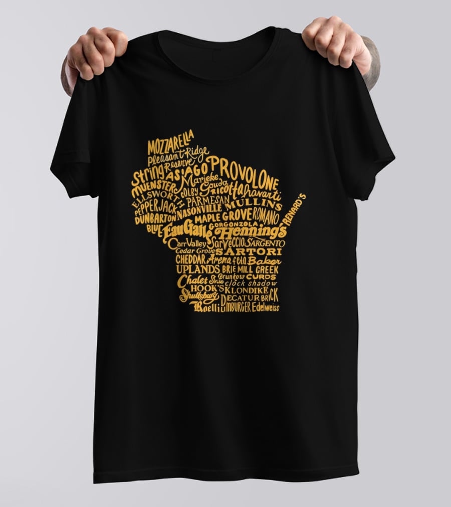 Wisconsin Cheese Map Eau Galle Cheddar Provolone Mozzarella Gouda Asiago Parmigiano Ullands T-Shirt