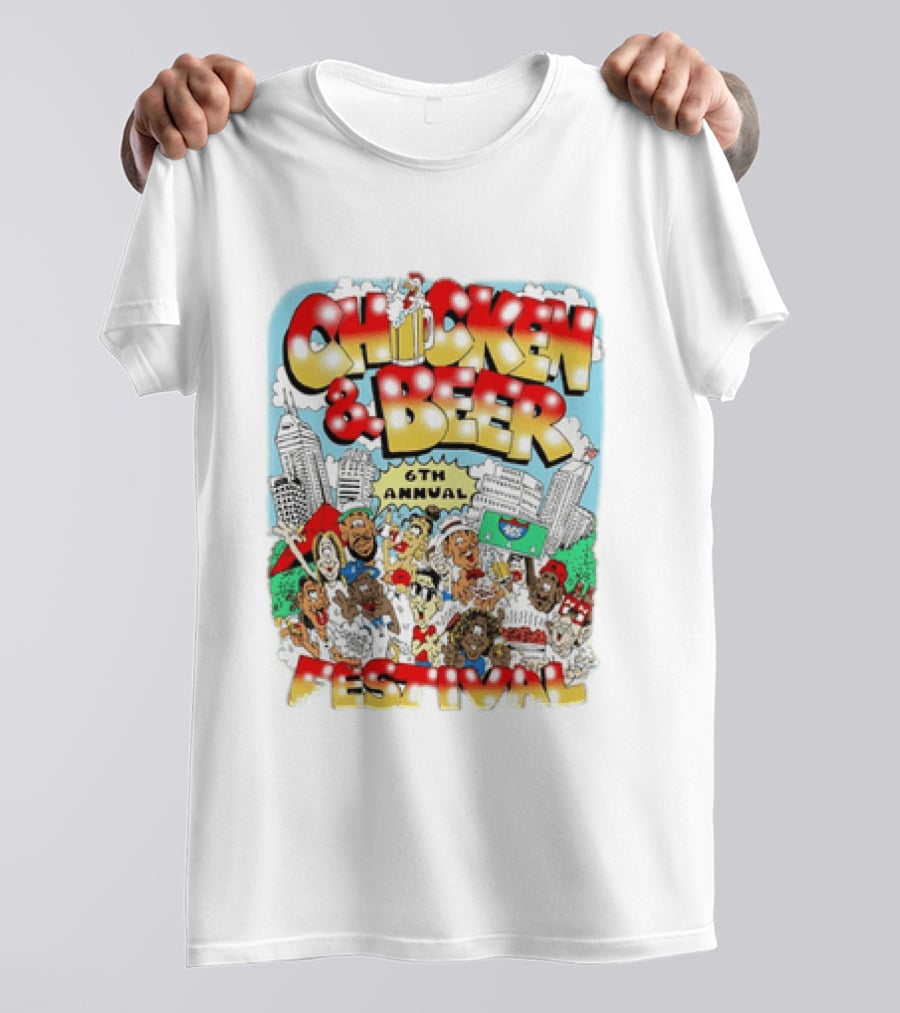 6th Annual Chicken & Beer Festival Indianapolis Cartoon Cityscape Crowd Fun T-Shirt