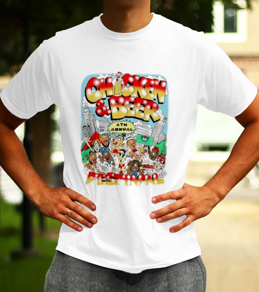 6th Annual Chicken & Beer Festival Indianapolis Cartoon Cityscape Crowd Fun T-Shirt
