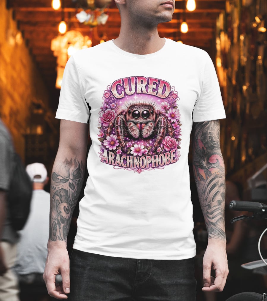 Cured Arachnophobe Jumping Spider Floral Hearts And Flowers T-Shirt