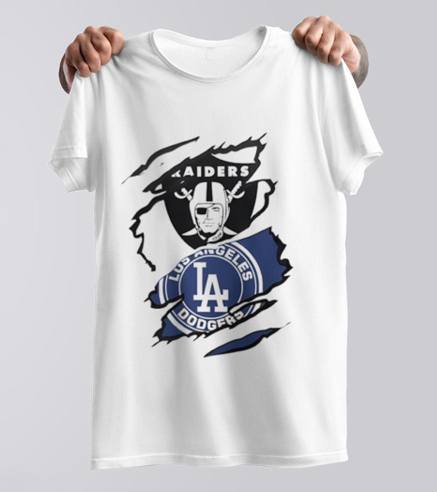 Raiders Los Angeles Dodgers Ripped Effect NFL MLB Crossover Fan Gear T-Shirt