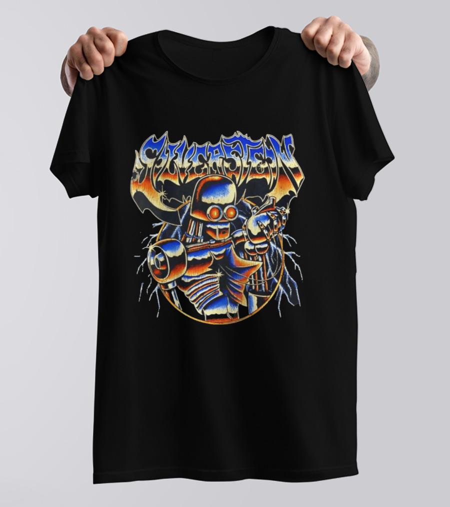 Sykastem Heavy Metal Skeleton Cyborg Holding Heart T-Shirt