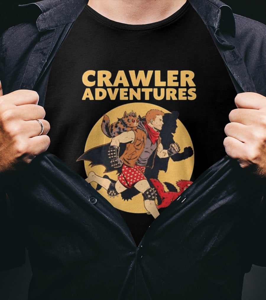 Crawler Adventures Running Man Cat Companion And Raptor T-Shirt