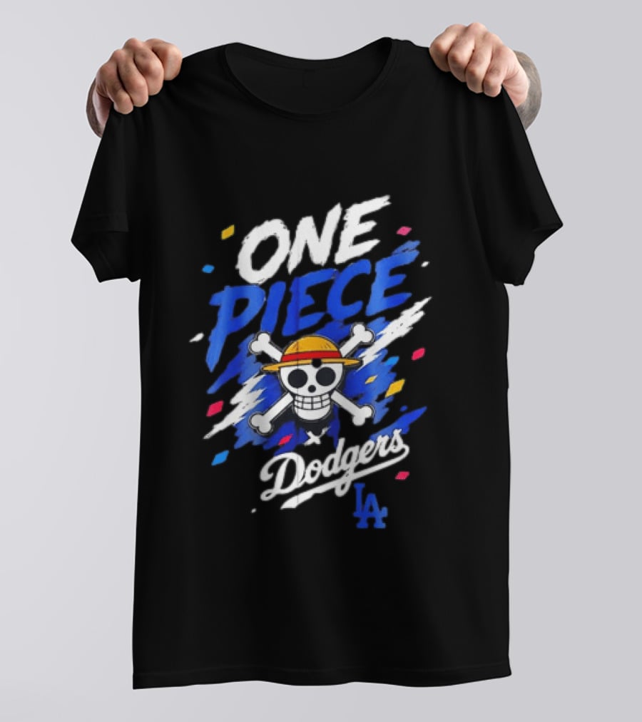 One Piece Dodgers LA Crossover With Jolly Roger And Straw Hat T-Shirt