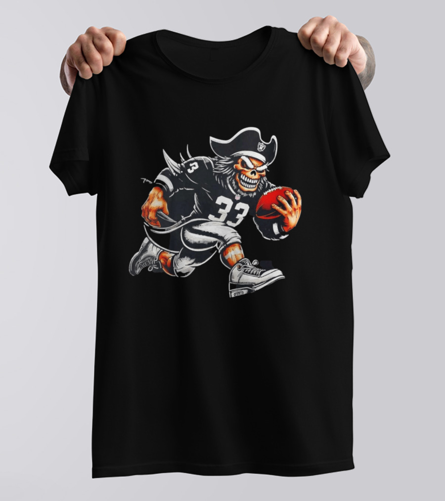 Raiders Skeleton Pirate Running With Football Number 33 T-Shirt