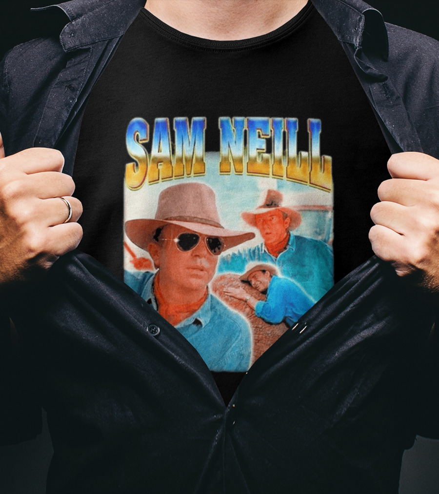Sam Neill Cowboy Style Hat Sunglasses Denim Vintage Trendy 2026 T-Shirt