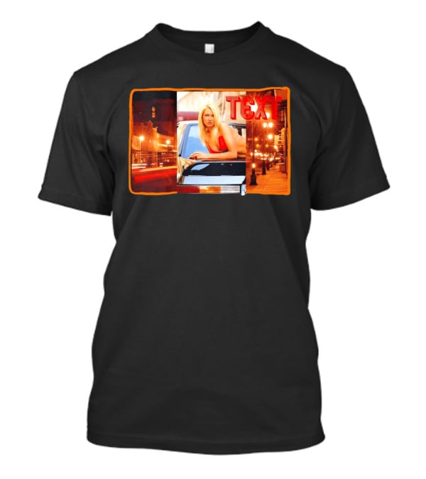 Blonde Woman In Red Bikini Leaning On Car At Night With Neon City Lights T-Shirt