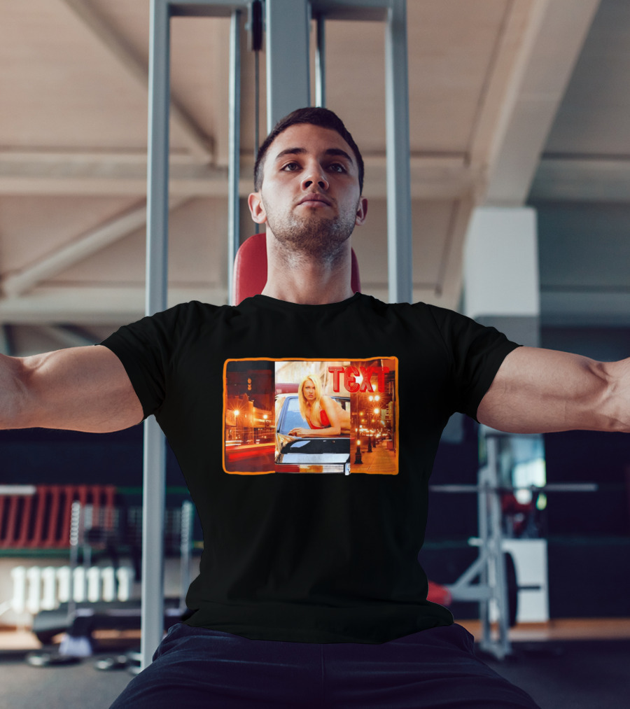 Blonde Woman In Red Bikini Leaning On Car At Night With Neon City Lights T-Shirt