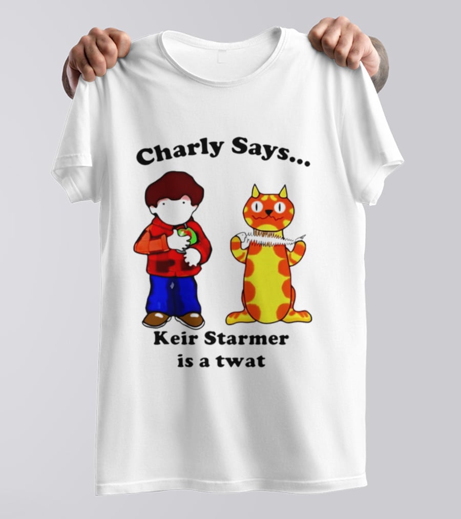 Charly Says Keir Starmer Is A Twat Comic Retro Style Cat And Kid T-Shirt