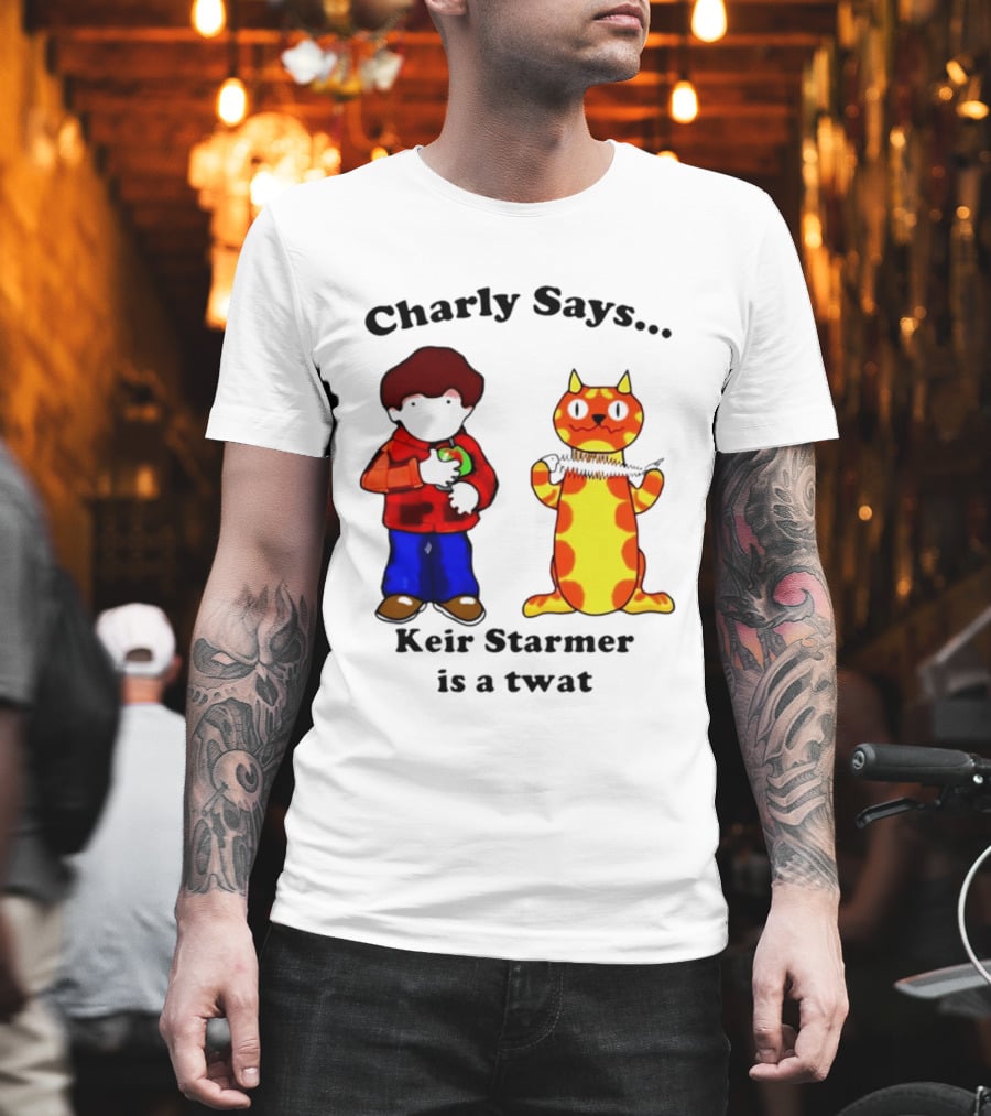 Charly Says Keir Starmer Is A Twat Comic Retro Style Cat And Kid T-Shirt