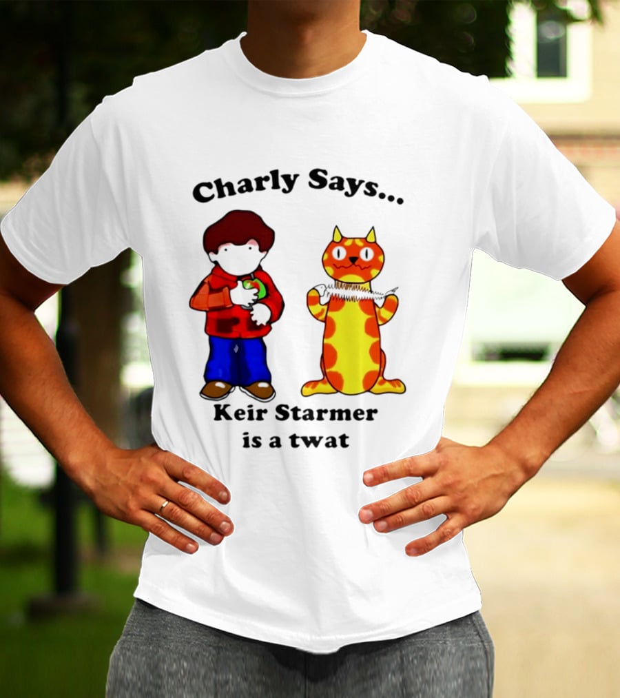 Charly Says Keir Starmer Is A Twat Comic Retro Style Cat And Kid T-Shirt