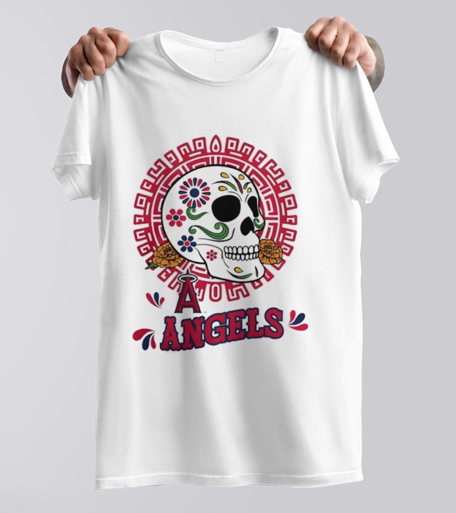 Los Angeles Angels Dia De Los Muertos Sugar Skull Aztec Calendar T-Shirt