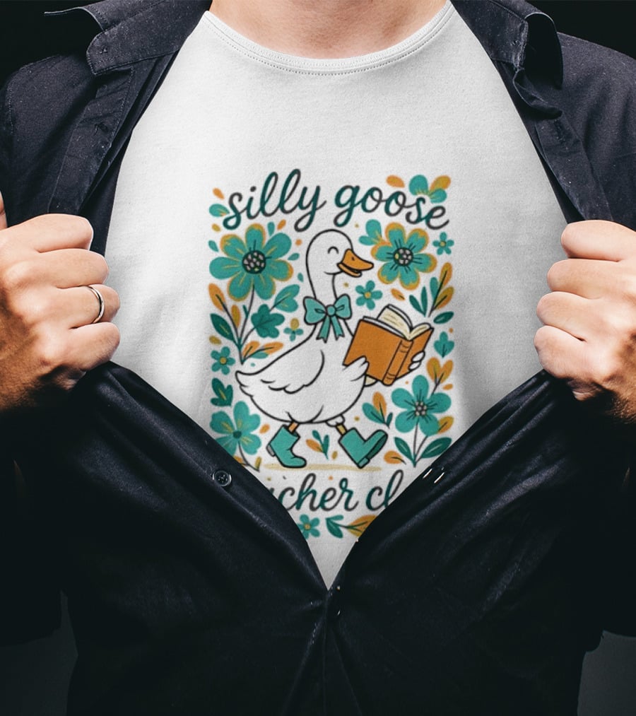 Silly Goose Teacher Club Reading Goose With Flowers And Rain Boots T-Shirt