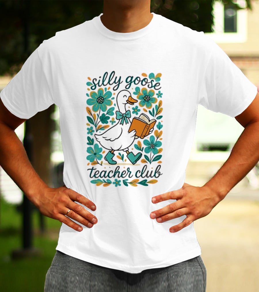 Silly Goose Teacher Club Reading Goose With Flowers And Rain Boots T-Shirt