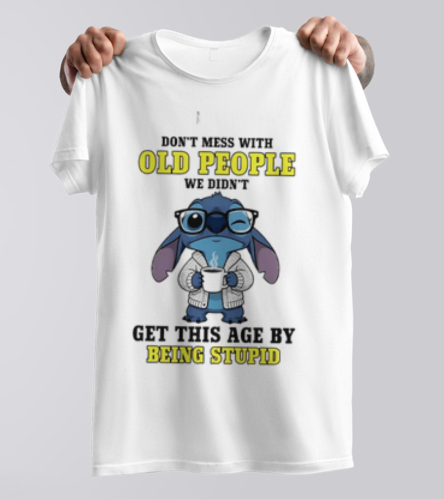 Stitch Don't Mess With Old People Winking Glasses Blue Character Image T-Shirt