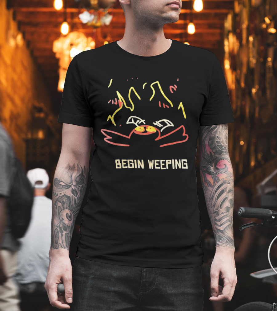 Begin Weeping Cartoon Crab With Fireworks T-Shirt