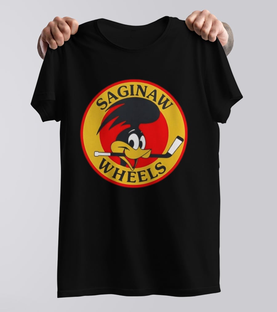 Saginaw Wheels Hockey Cartoon Character With Hockey Stick T-Shirt