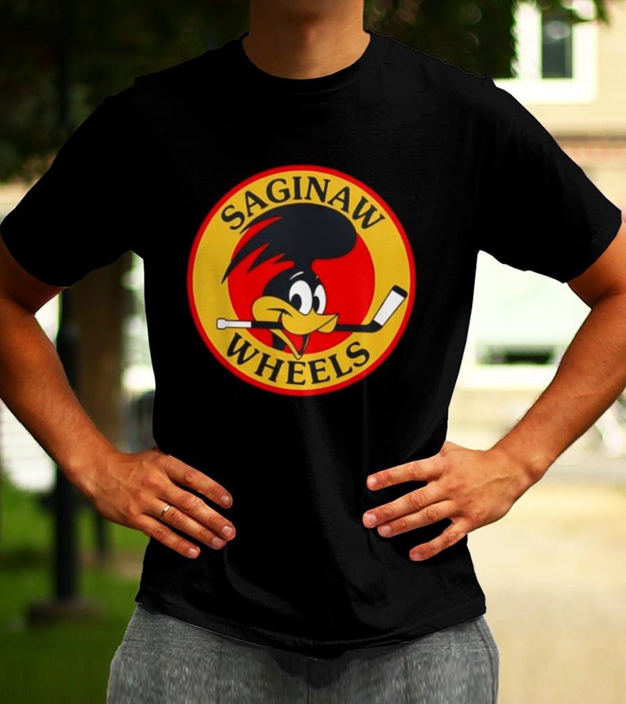 Saginaw Wheels Hockey Cartoon Character With Hockey Stick T-Shirt
