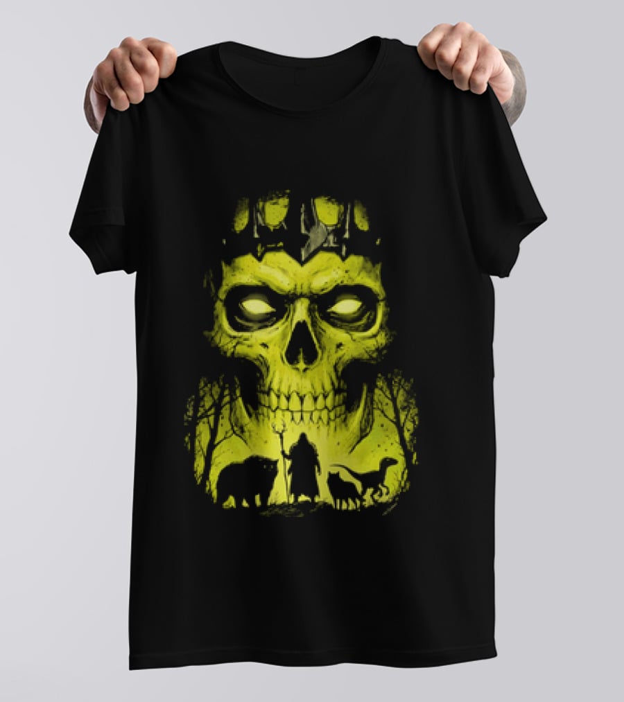 Lych Vs Druid Fantasy Dark Necromancer Skull T-Shirt