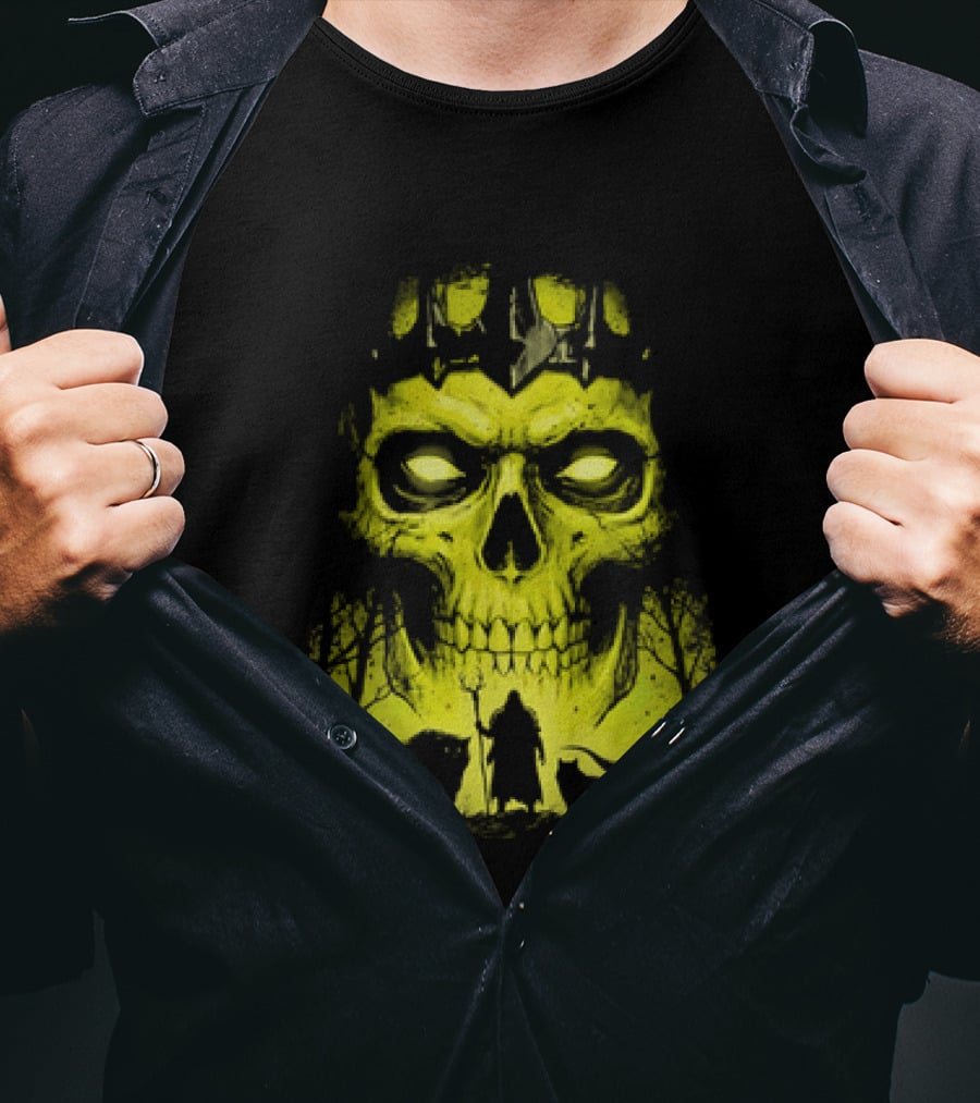 Lych Vs Druid Fantasy Dark Necromancer Skull T-Shirt