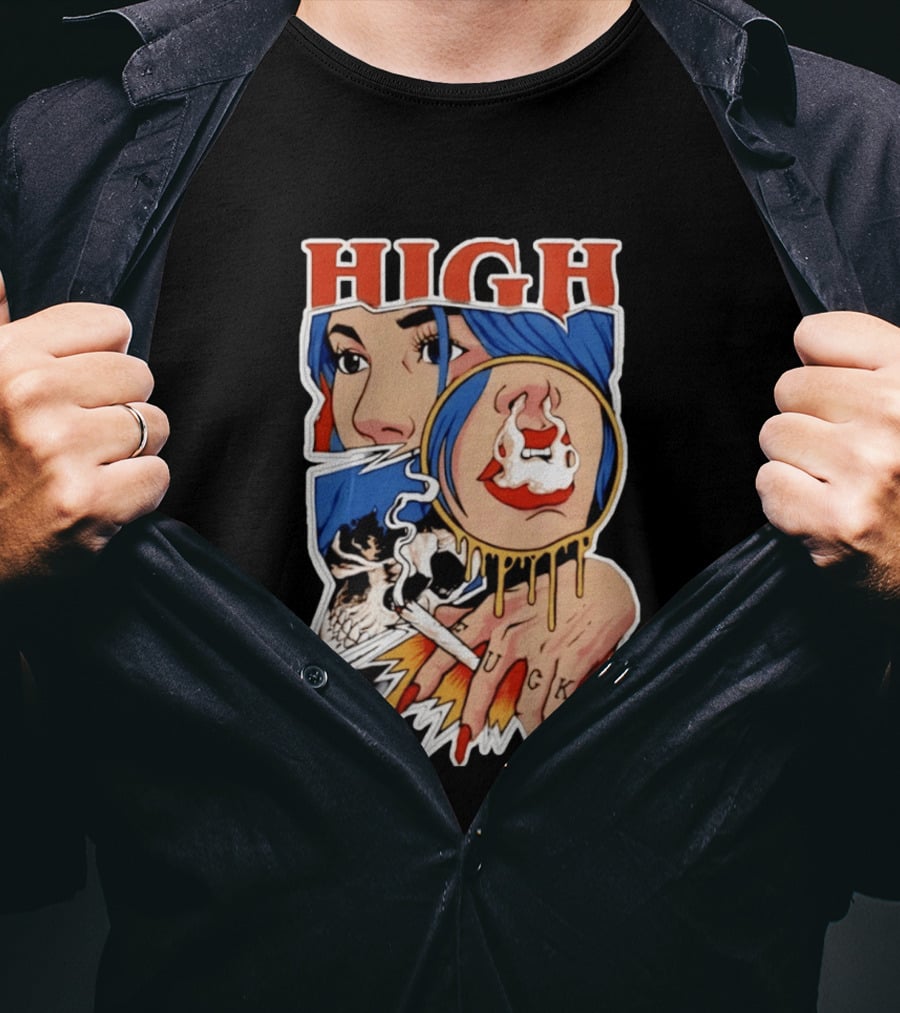 High As Fuck Smoking Skull Woman With Blue Hair And Tattooed Hand T-Shirt