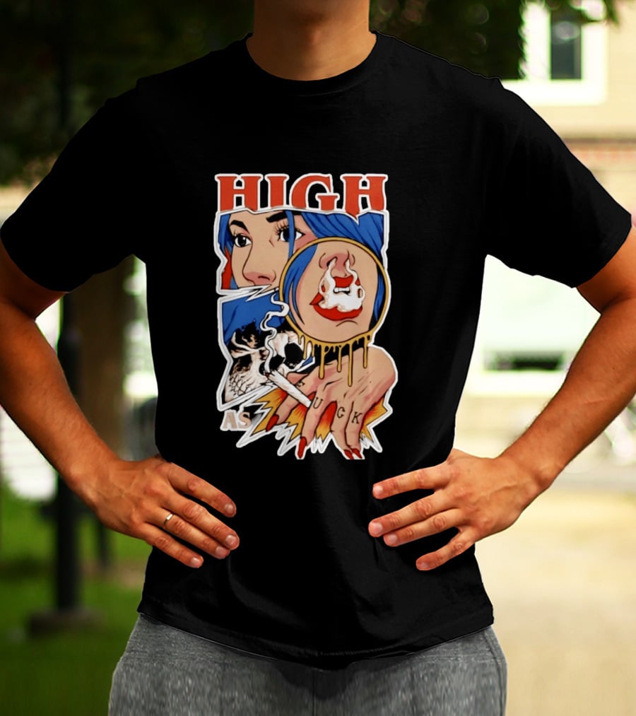High As Fuck Smoking Skull Woman With Blue Hair And Tattooed Hand T-Shirt