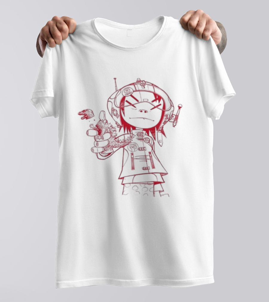 Gorillaz Noodle Line Drawing Red Sketch T-Shirt