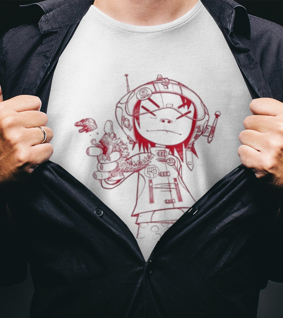 Gorillaz Noodle Line Drawing Red Sketch T-Shirt