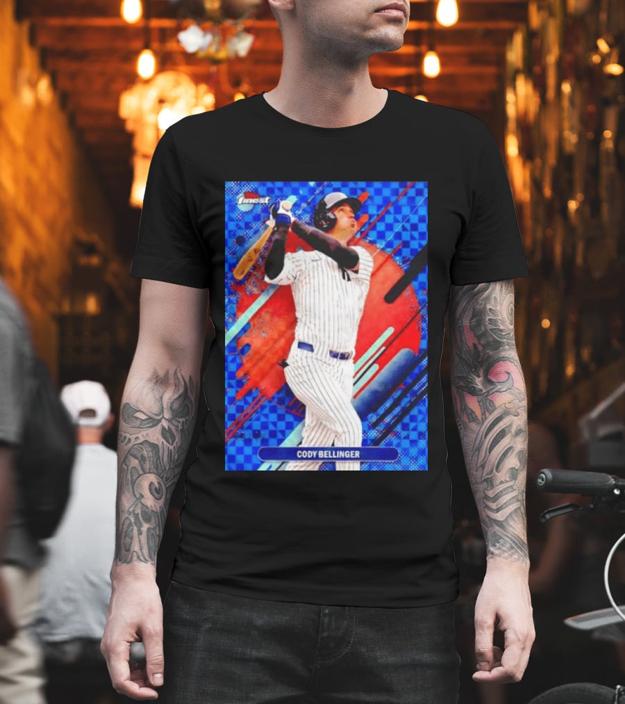 Cody Bellinger Topps Finest Baseball Card Blue Checkered Background Batting Pose T-Shirt