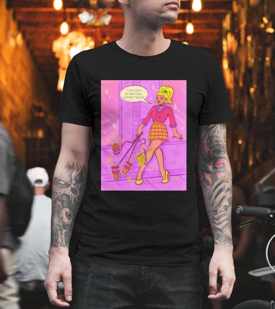 I Just Need My Emotional Support Treats Comic Style Girl With Drinks And Fries T-Shirt