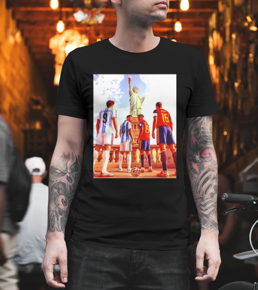 Lionel Messi J Alvarez Lamine Yamal Rodrigo Football Statue Of Liberty Argentina Spain Soccer T-Shirt