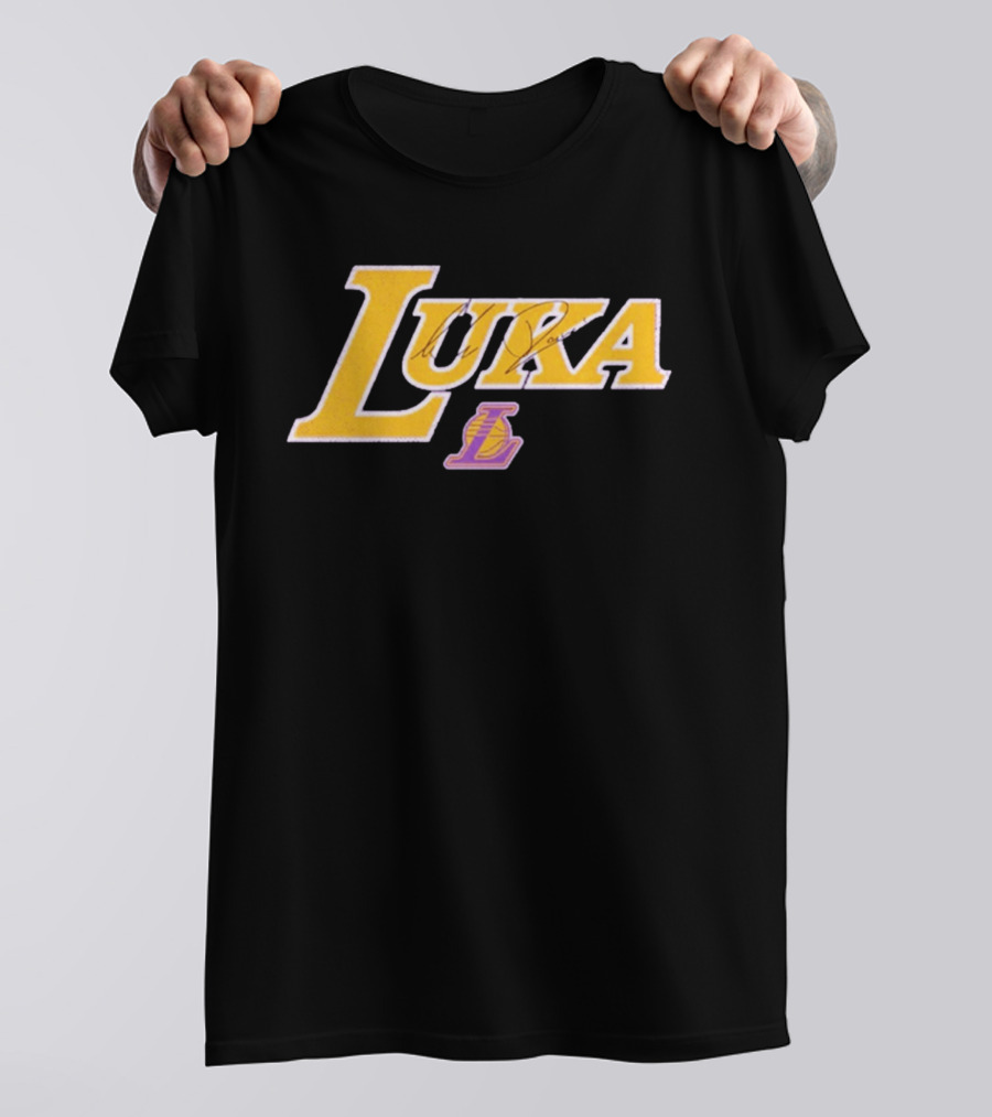 Luka Doncic Autograph Lakers Font Style With Los Angeles Basketball T-Shirt