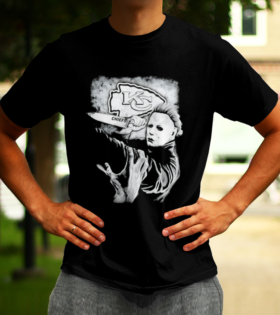 Michael Myers Holding Knife With KC Chiefs T-Shirt