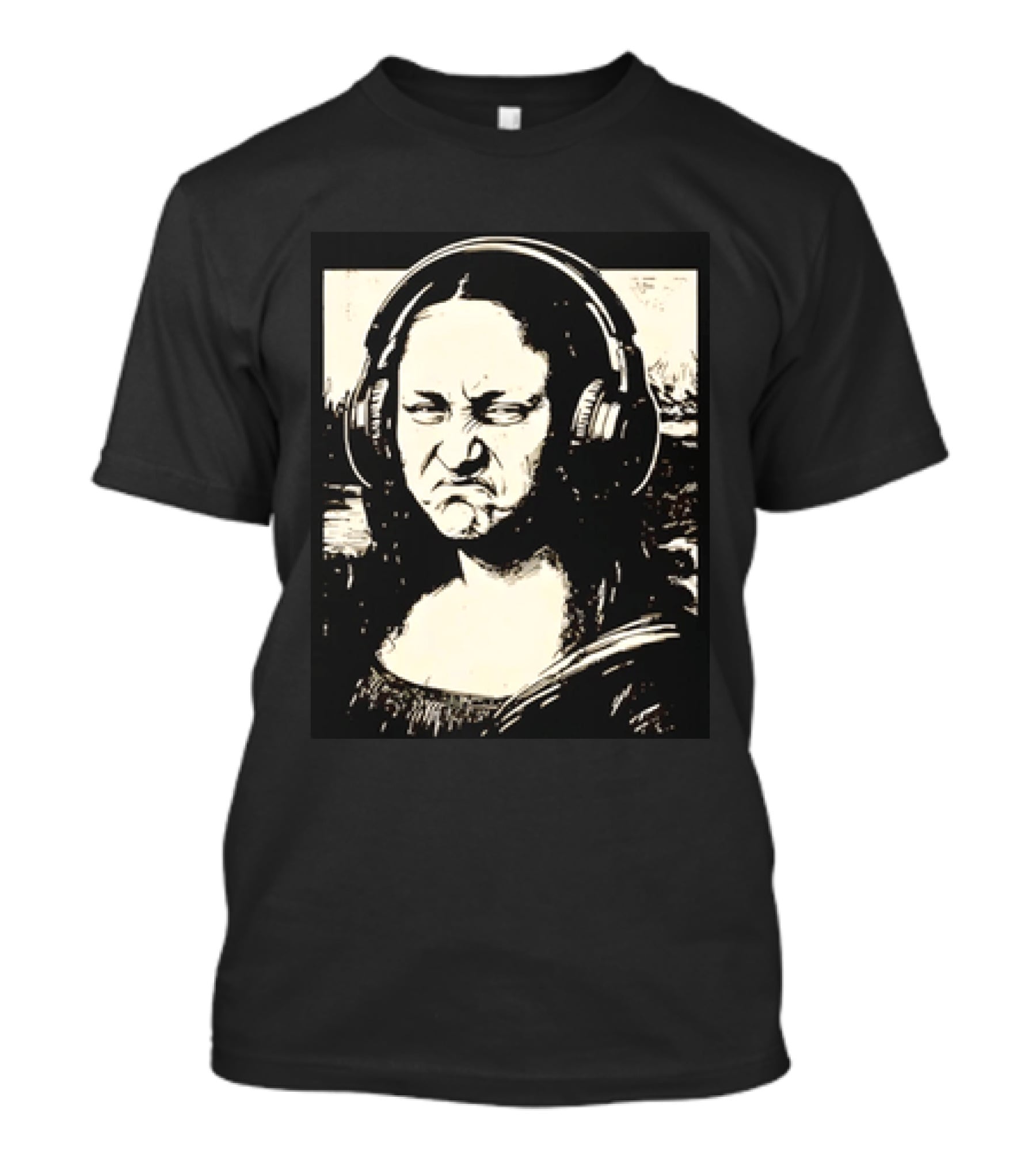 Mona Lisa Headphones Grumpy Expression Fusion T-Shirt